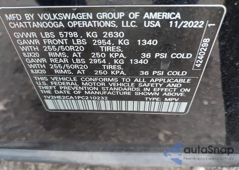 2023 Volkswagen Atlas Cross Sport 3.6L V6 Se W/Technology из США, поврежденный, VIN 1V2HE2CA1PC210232